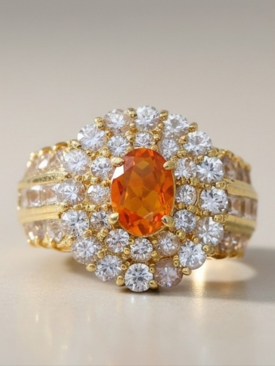 unbranded Jewelry - 18K Yellow Gold Fire Opal Sapphire Halo Cocktail Ring